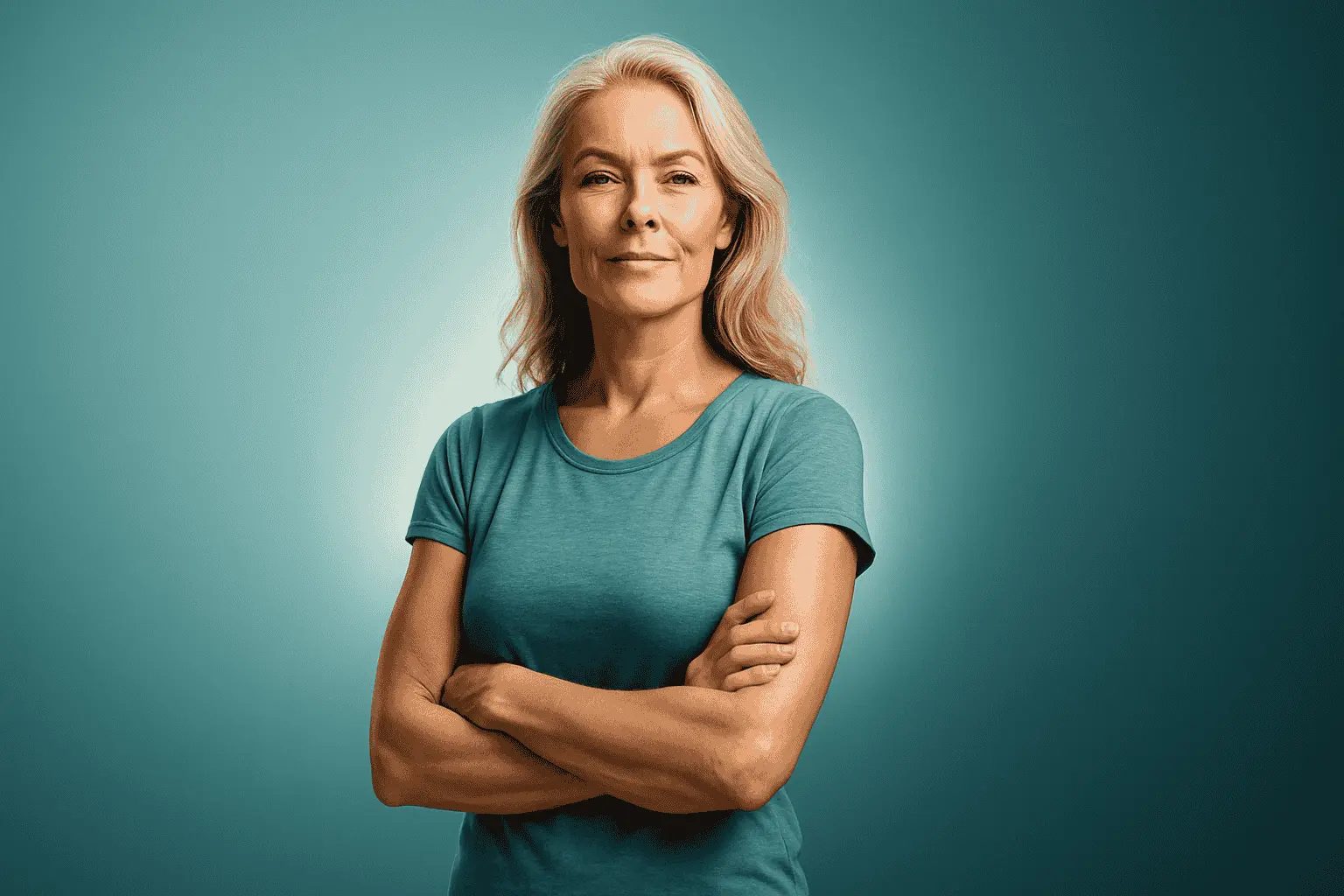 Clean, empowering visual showing a confident middle-aged woman in a relaxed, natural pose, subtly highlighting vitality and strength. Background features a smooth gradient from #8fd3d7 (light teal) to #207d7f (deep teal), creating a calm and professional tone. Soft ambient lighting illuminates the figure gently, with a subtle glow around her to symbolize empowerment and clarity. No text or labels. Wide 16:9 composition, ultra-HD (4K), photorealistic, clean lifestyle and health-focused style,