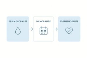 perimenopause (the transition period), menopause (when you haven't had a period for 12 consecutive months), and postmenopause (the years after).